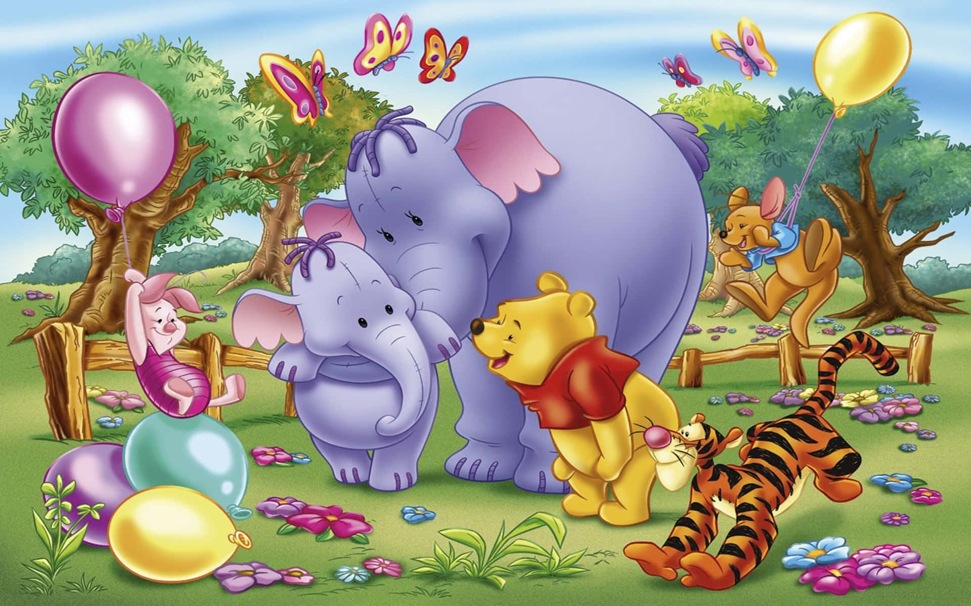 Winnie The Pooh Desktop 桌布 壁紙 — 小熊維尼和朋友們在陽光明媚的草地上用氣球、蝴蝶和花朵慶祝。