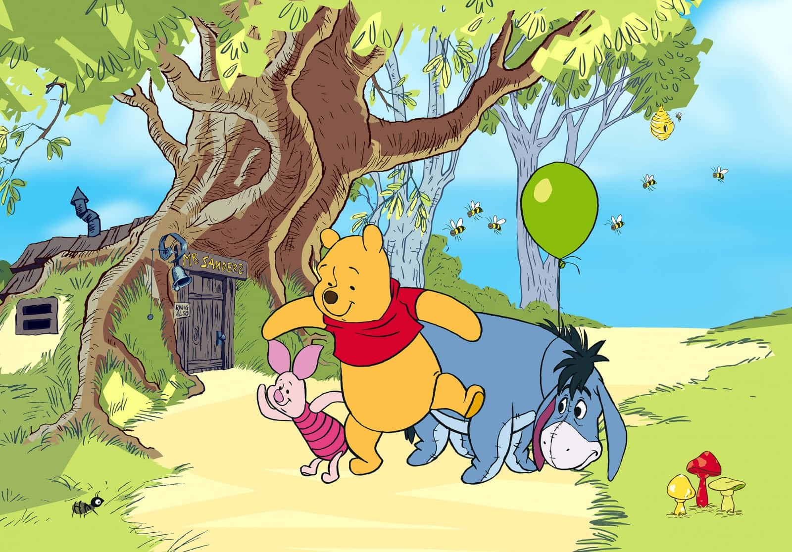 winnie the pooh 桌布 壁紙 — 小熊維尼和朋友們在陽光明媚的草地上，在一棵大樹下快樂地聚集，有一個綠色氣球和嗡嗡作響的蜜蜂。