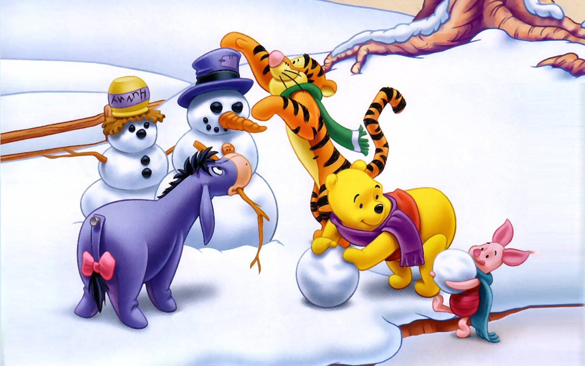 小熊維尼和朋友們在雪地裡玩雪人 — 雪人 壁紙
