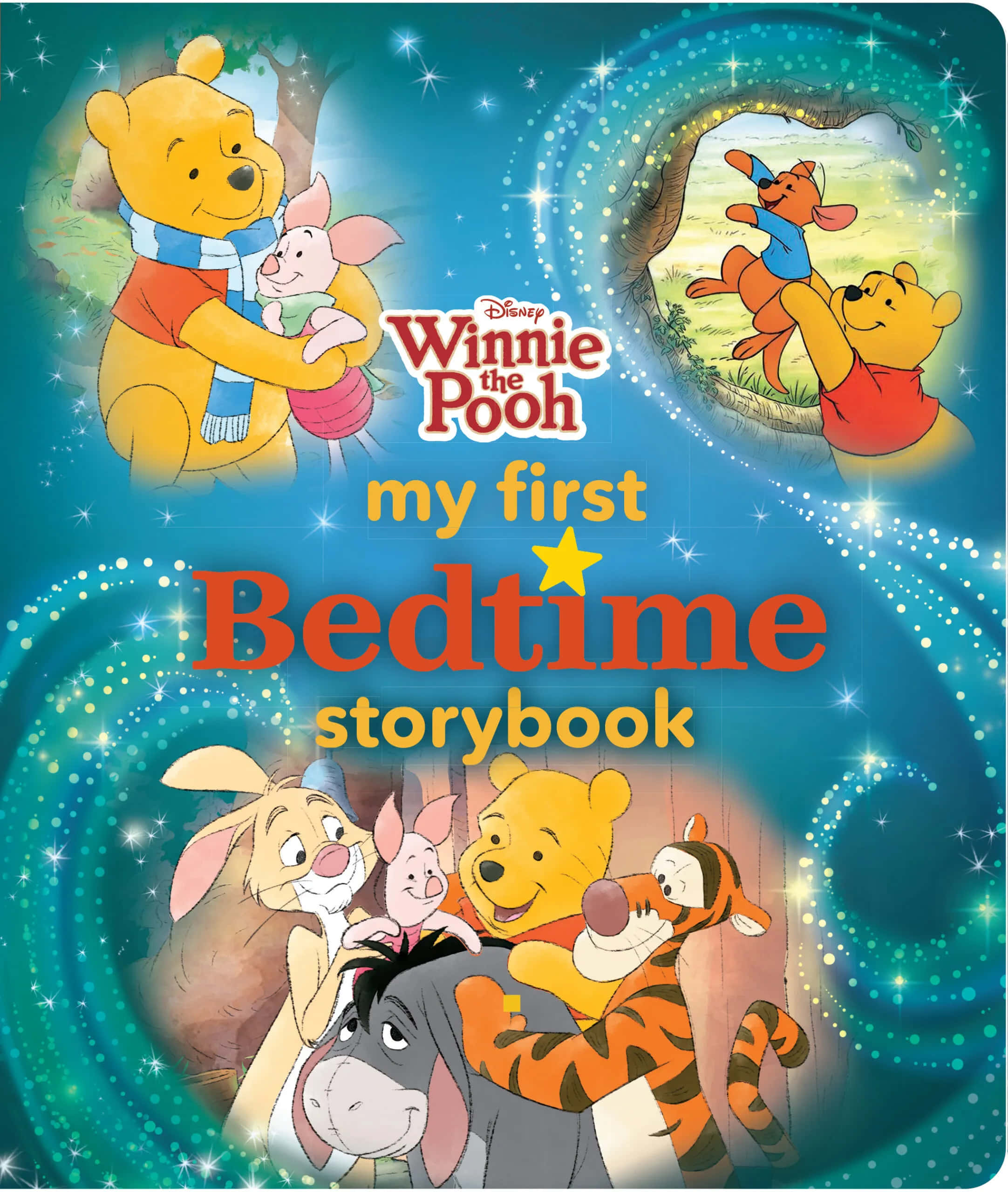 Storybook 桌布 壁紙 — 小熊維尼和朋友們在魔法旋轉的藍色星空下聚集，作為睡前故事書封面。
