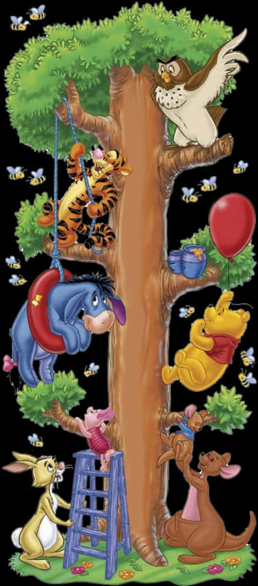 Pooh 桌布 壁紙 — 小熊維尼和朋友們在黑色背景前，圍繞著一棵有蜜蜂和紅色氣球的樹玩耍。