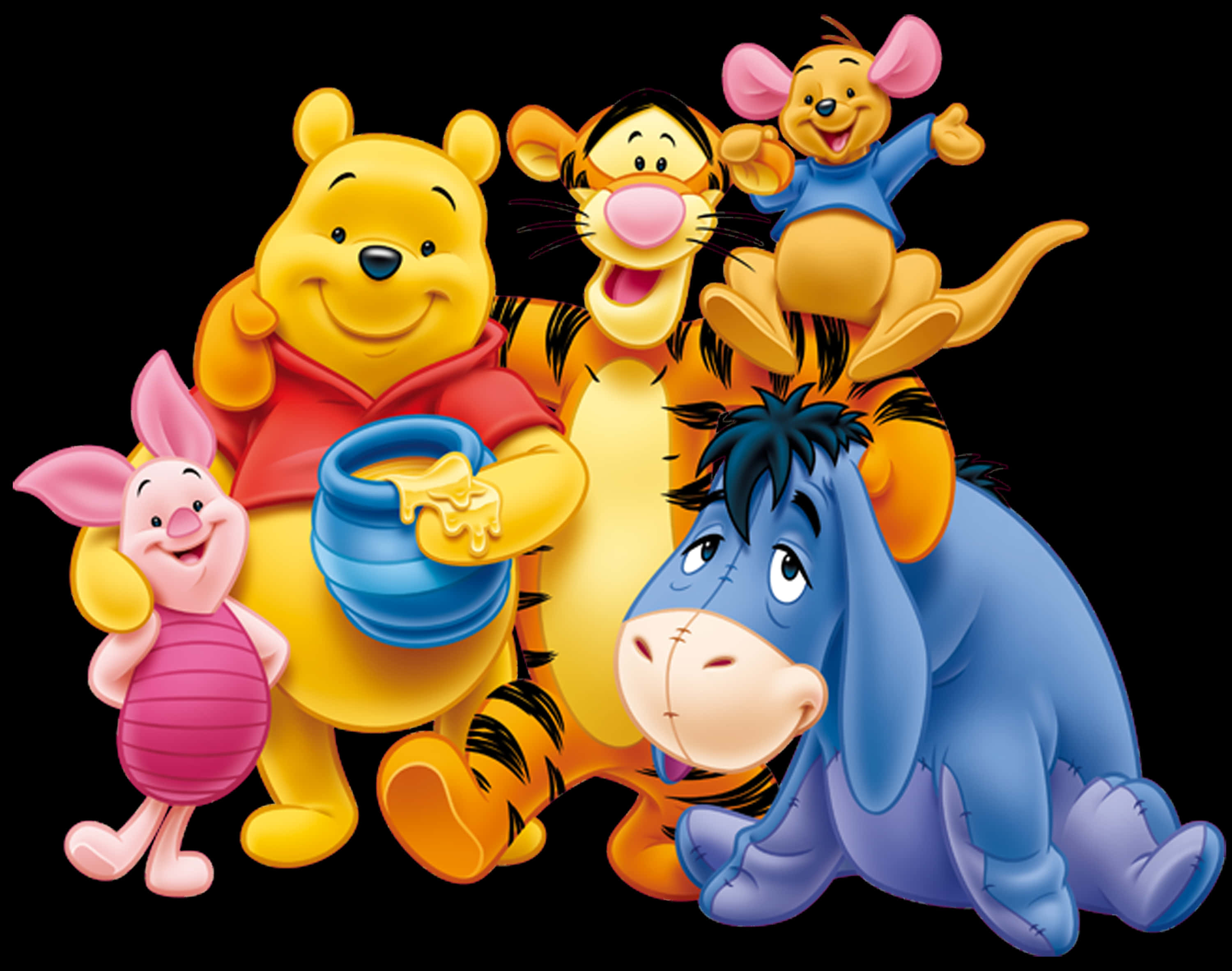winnie the pooh 桌布 壁紙 — 小熊維尼和朋友們在黑色背景前快樂地聚集，拿著蜂蜜罐。