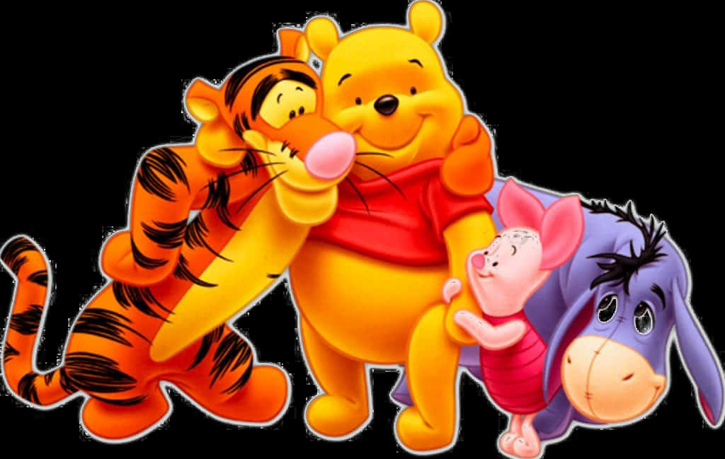 Pooh 桌布 壁紙 — 小熊維尼和朋友們在黑色背景前溫暖擁抱，經典迪士尼動畫風格。