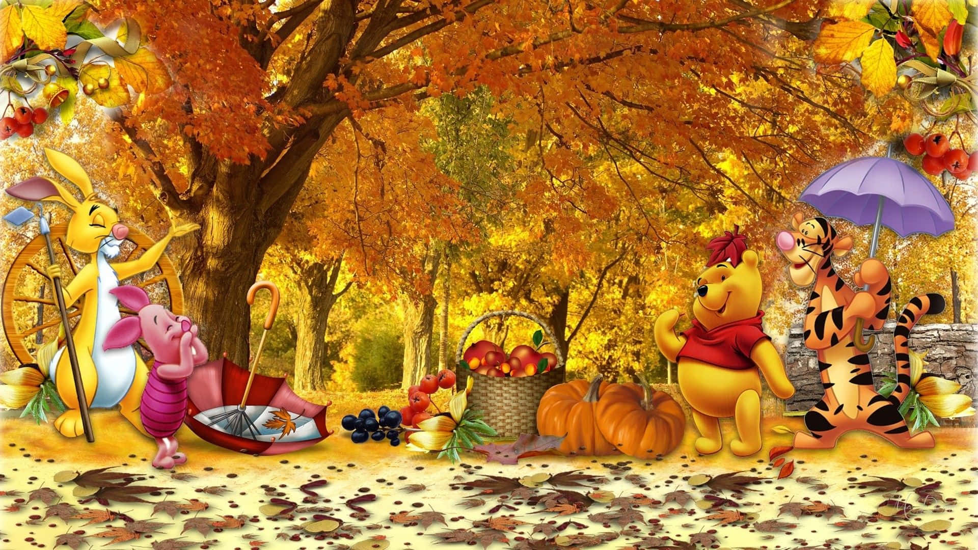 Winnie The Pooh Desktop 桌布 壁紙 — 小熊維尼和朋友們聚集在金黃色的秋樹下，周圍有南瓜、葡萄和落葉。