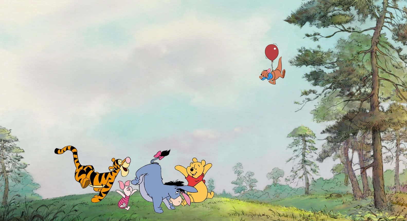 Winnie The Pooh Classic 桌布 壁紙 — 小熊維尼和朋友們追逐著一個載著小豬的氣球，穿過陽光明媚的森林空地。