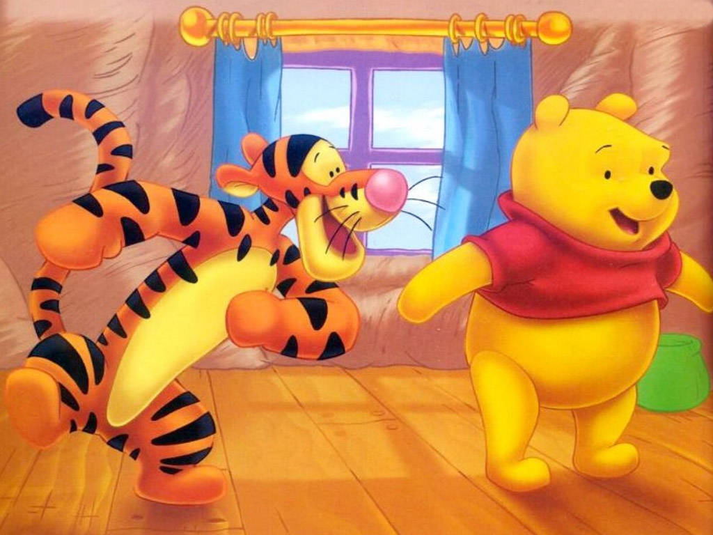 小熊維尼和跳跳虎在陽光充足的房間裡開心地跳躍。 — Winnie the pooh GIF 壁紙