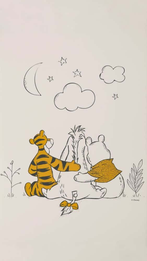 Winnie The Pooh Aesthetic 桌布 壁紙 — 小熊維尼和跳跳虎在彎月和星星下以極簡線條風格坐在一起。