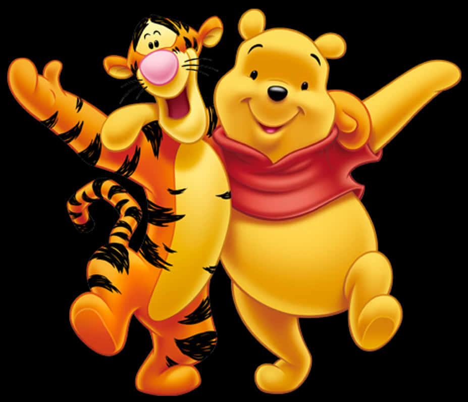 winnie the pooh 桌布 壁紙 — 小熊維尼和跳跳虎在純黑背景上快樂地一起跳躍，帶著燦爛的笑容和張開的雙臂。