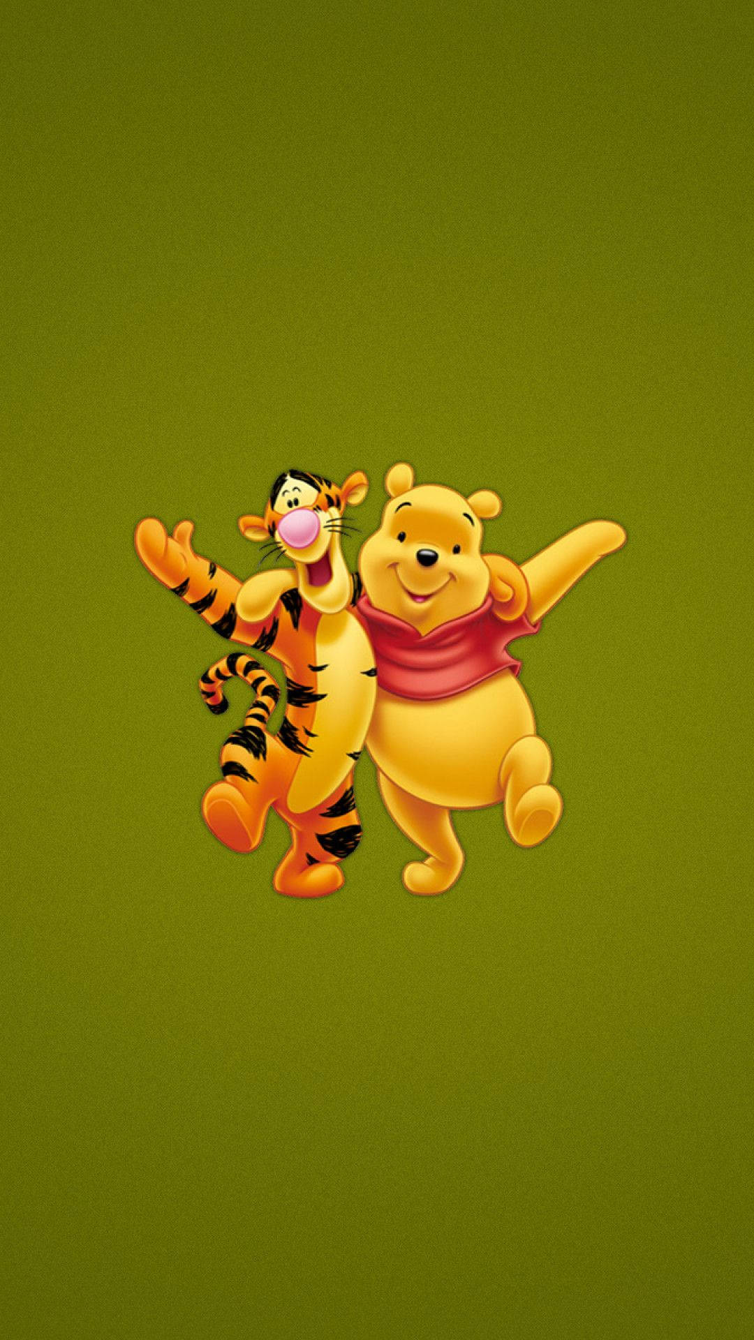 Tigger 桌布 壁紙 — 小熊維尼和跳跳虎在經典迪士尼動畫的純橄欖綠色背景上歡快地跳躍。