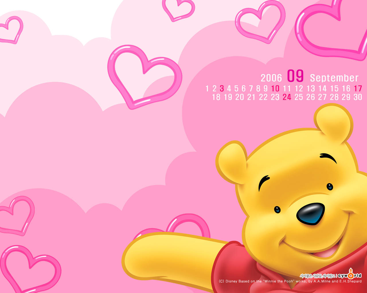 winnie the pooh 桌布 壁紙 — 小熊維尼在充滿漂浮愛心和九月日曆的粉紅天空下溫暖微笑。