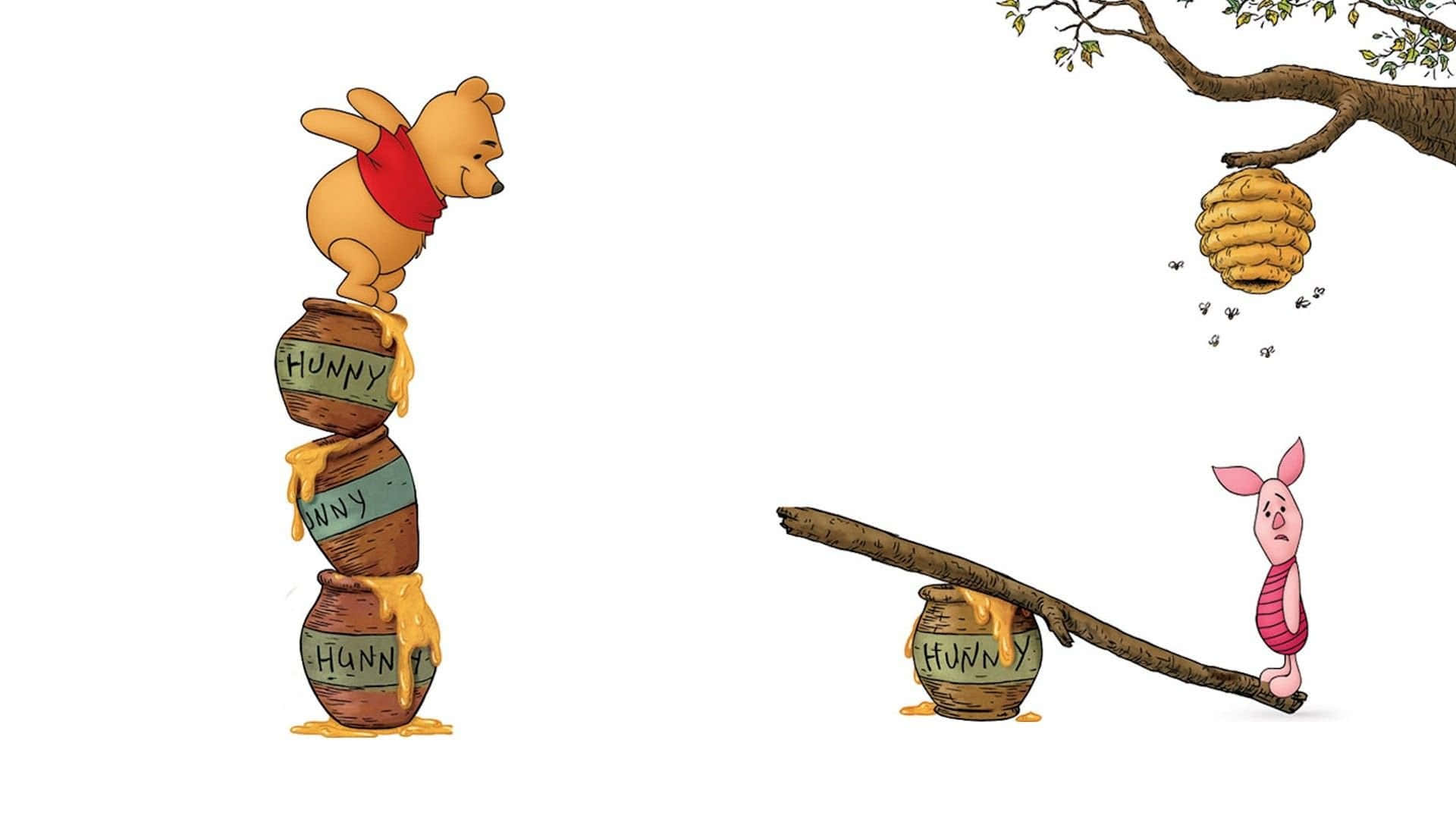 winnie the pooh 桌布 壁紙 — 小熊維尼在堆疊的蜂蜜罐上保持平衡，而小豬則從一個只有一個罐子的蹺蹺板上悲傷地看着。