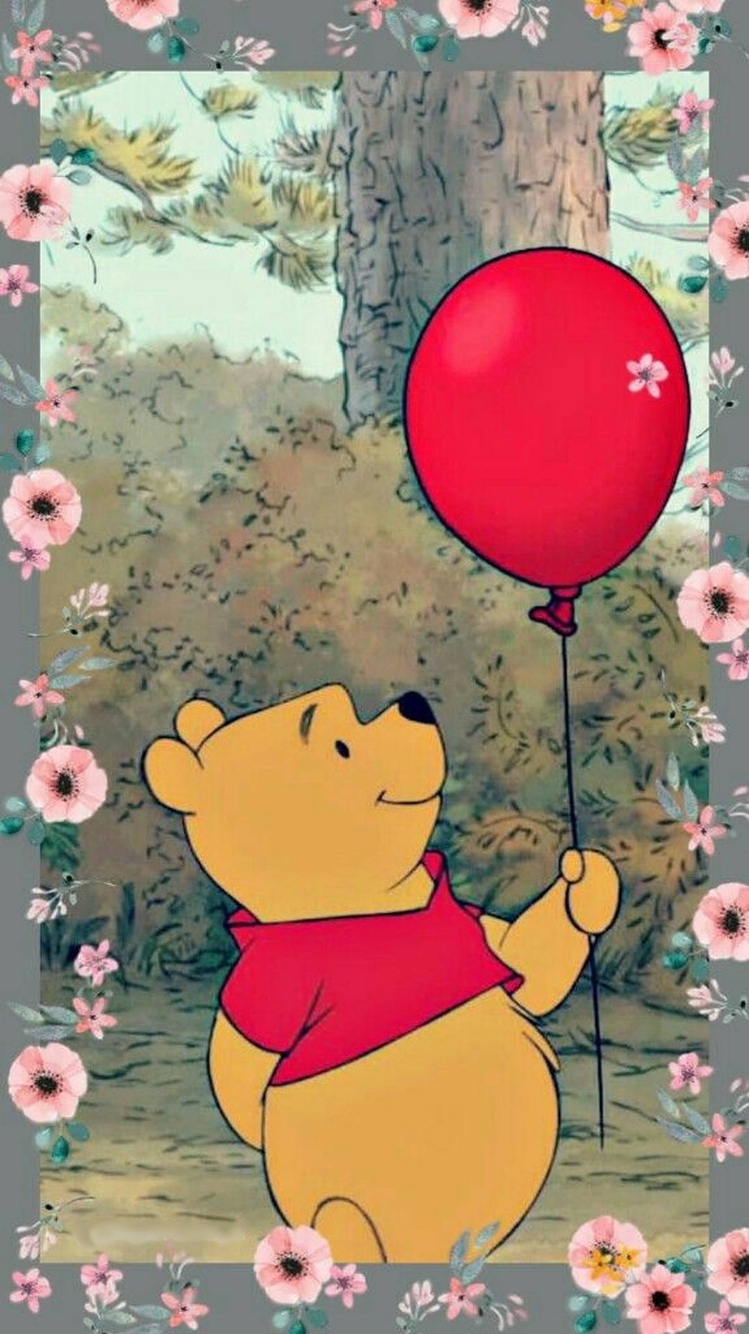 小熊維尼在森林中拿著紅色氣球，帶有花卉邊框。 — Winnie the pooh GIF 壁紙