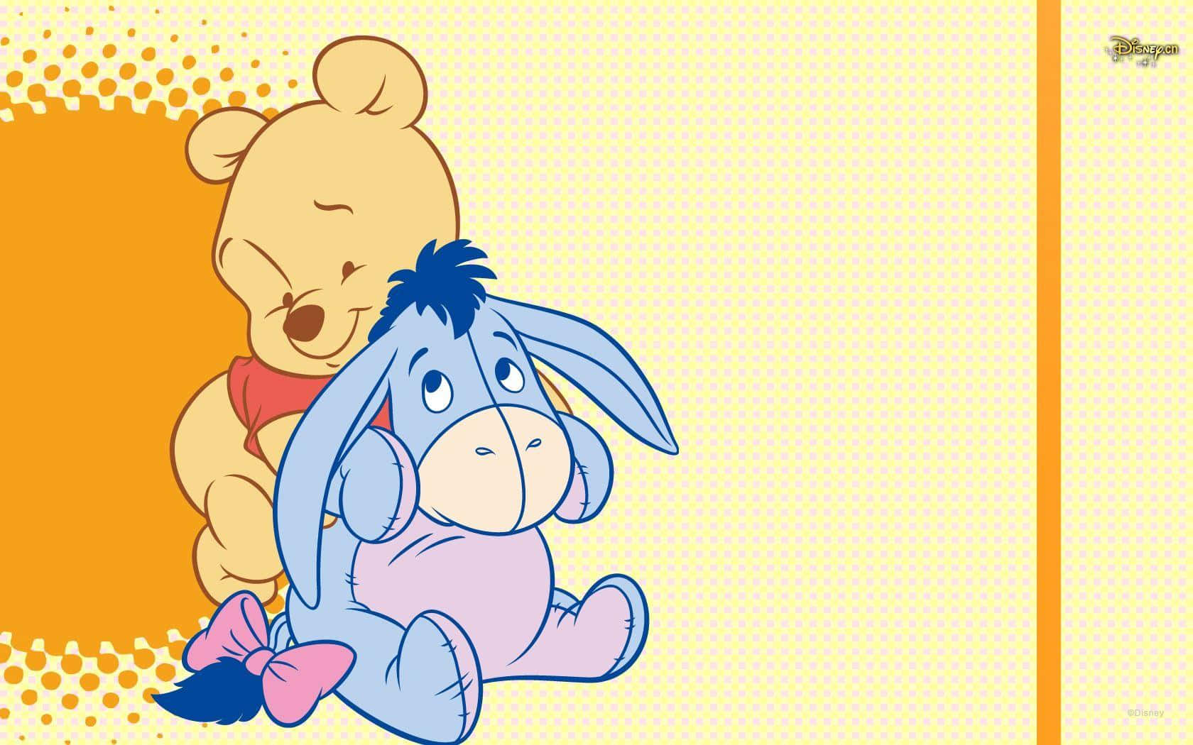 Winnie The Pooh Desktop 桌布 壁紙 — 小熊維尼在歡快的黃色和橙色圓點背景上溫柔地擁抱屹耳。