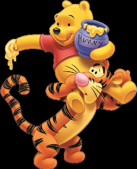 Pooh 桌布 壁紙 — 小熊維尼在黑色背景上騎著跳跳虎的背部，高興地拿著一個蜂蜜罐。