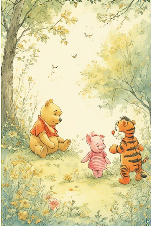 Winnie the Pooh 壁紙 — 小熊維尼坐在陽光明媚的草地上，小豬和跳跳虎在附近盛開的樹下嬉戲互動。