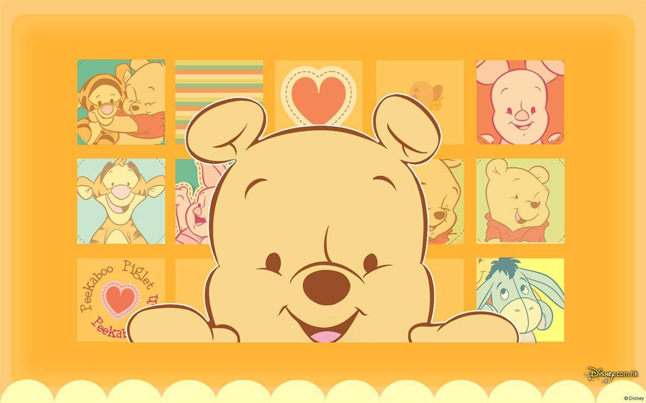 winnie the pooh 桌布 壁紙 — 小熊維尼從一個色彩繽紛的卡通面板網格中溫暖地微笑，他的朋友們在歡快的黃色背景前。