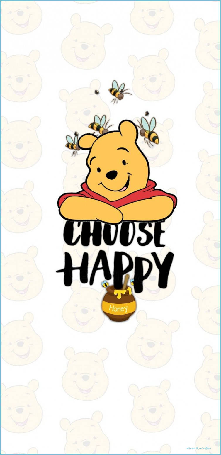 Quote 桌布 壁紙 — 小熊維尼微笑，蜜蜂在他周圍嗡嗡作響，蜂蜜罐上方有「Choose Happy」文字。