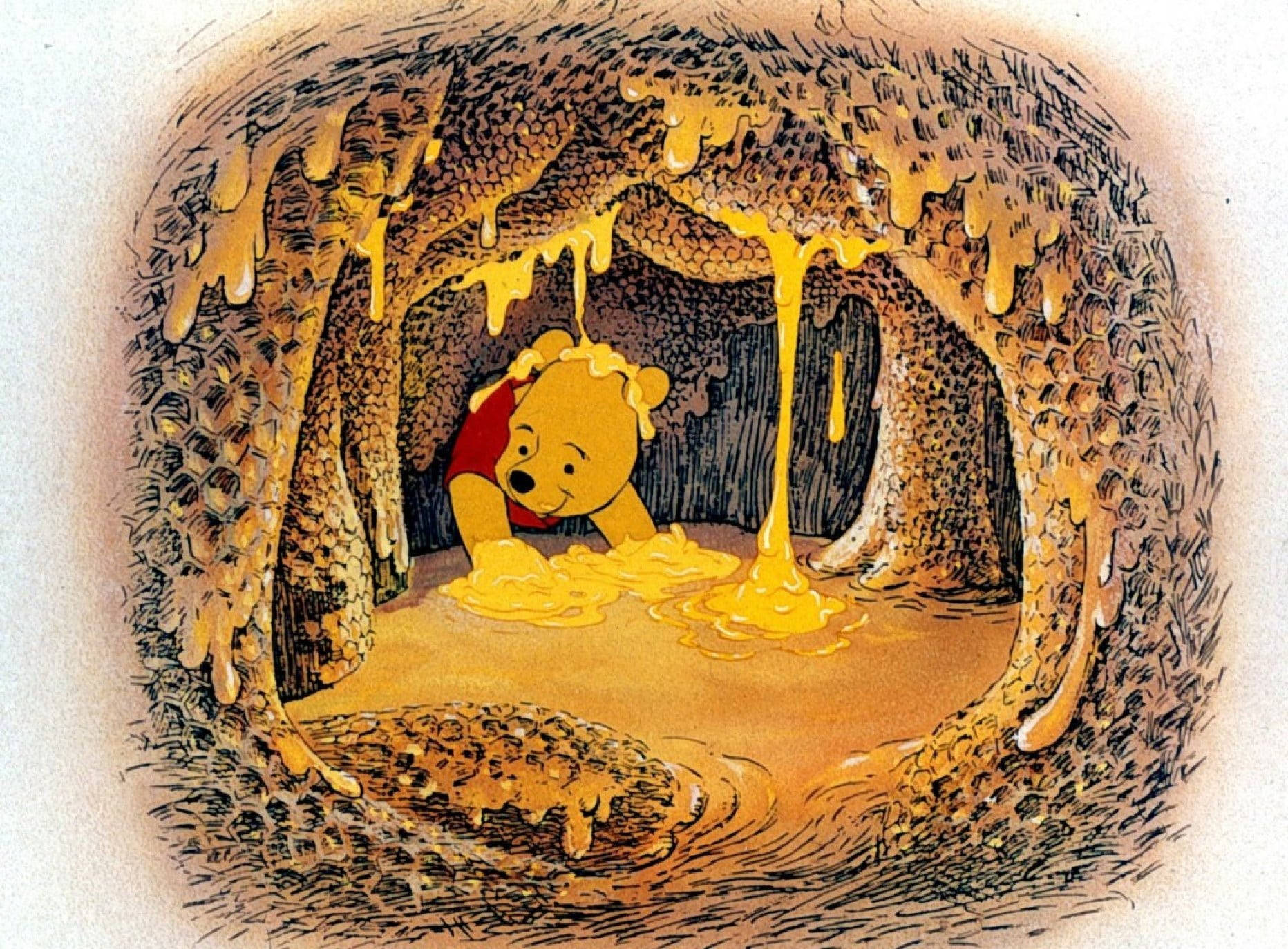 winnie the pooh 桌布 壁紙 — 小熊維尼快樂地坐在一個充滿蜂蜜的洞穴中，蜂蜜從蜂巢牆壁上滴落。