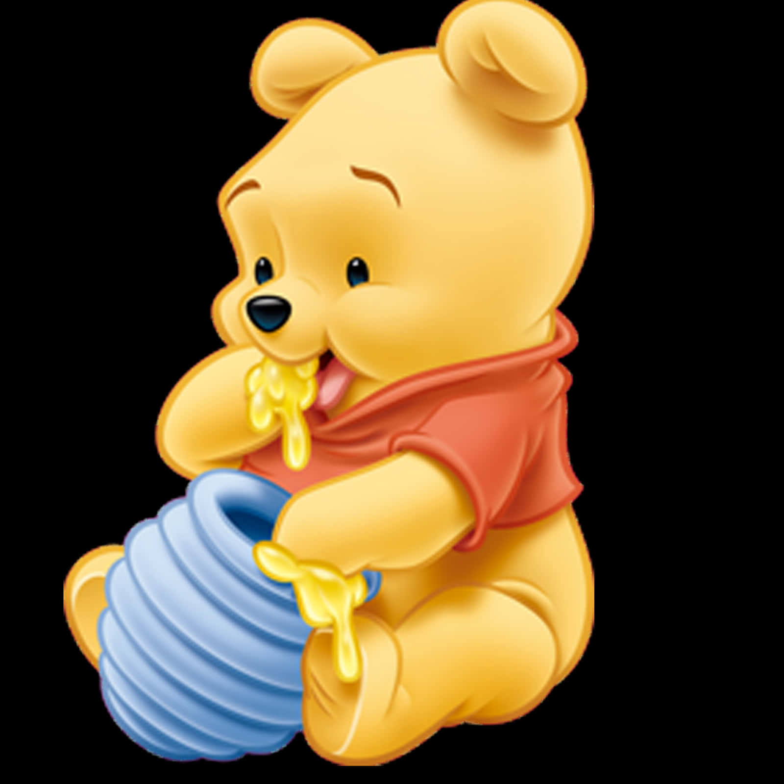 winnie the pooh 桌布 壁紙 — 小熊維尼快樂地從藍色蜜罐中吃蜂蜜，臉上和爪子上有黏糊糊的滴落。