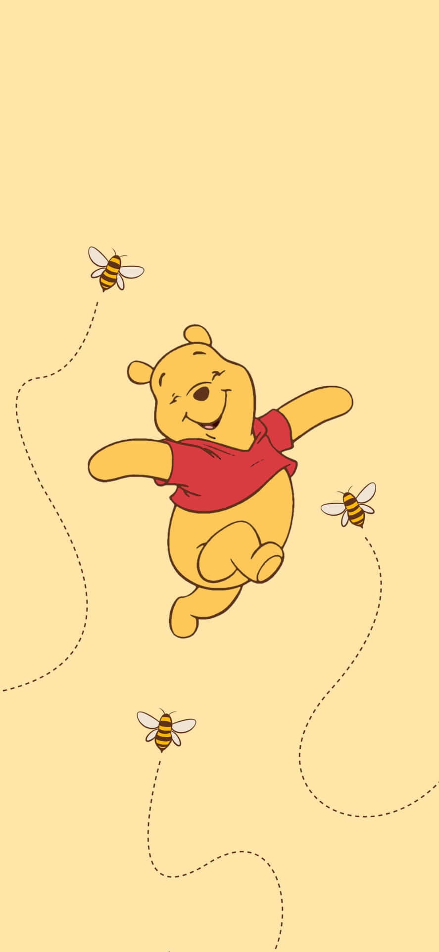 winnie the pooh 桌布 壁紙 — 小熊維尼愉快地漂浮在淡黃色的天空中，三隻蜜蜂在他周圍留下虛線路徑。