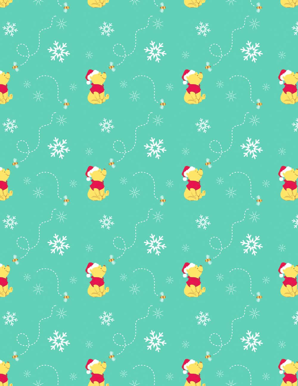 winnie the pooh 桌布 壁紙 — 小熊維尼戴著紅色聖誕帽，坐在白色雪花和蜜蜂之間，背景為青綠色。