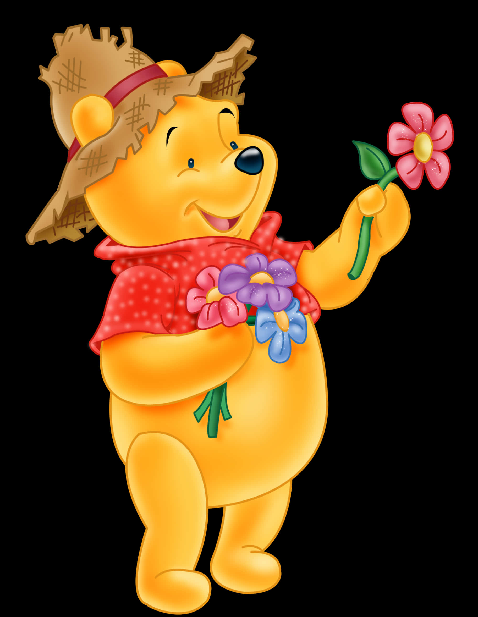 winnie the pooh 桌布 壁紙 — 小熊維尼戴著草帽和紅色圍巾，在黑色背景前拿著粉紅色的花，露出愉快的笑容。