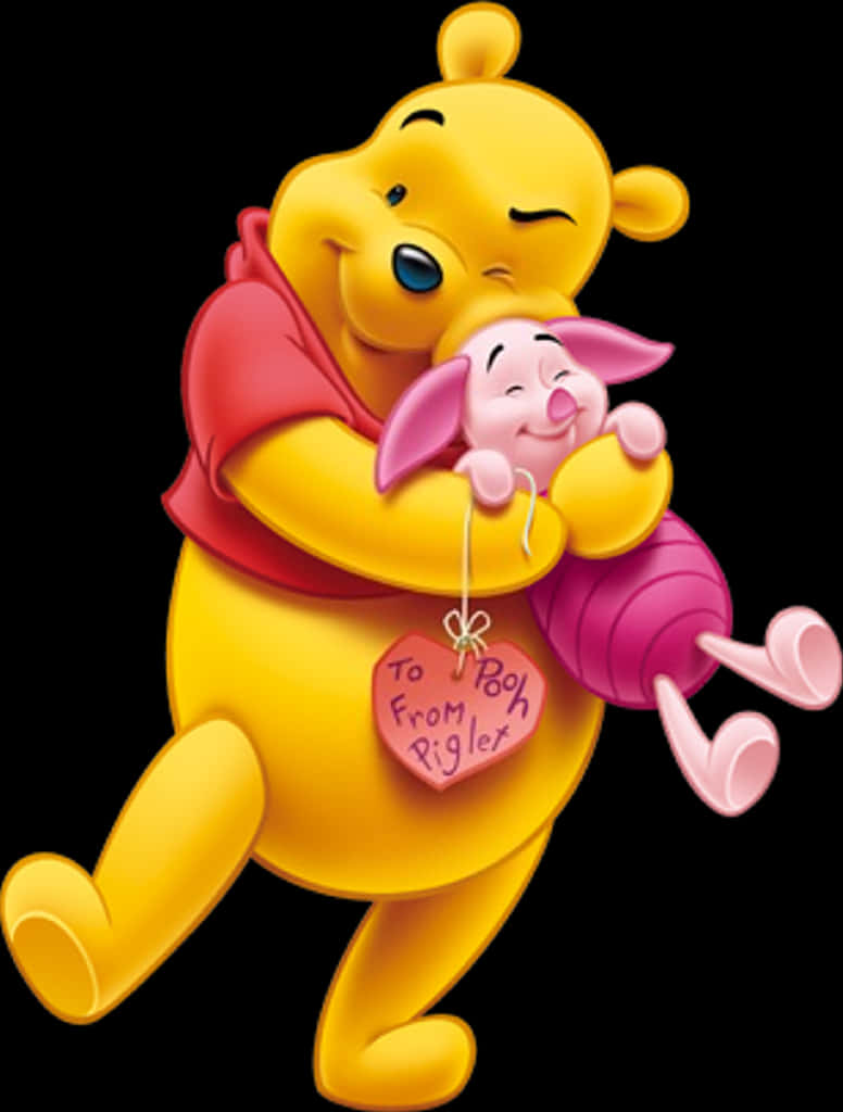 winnie the pooh 桌布 壁紙 — 小熊維尼溫暖地擁抱小豬，兩人在黑色背景前開心微笑。