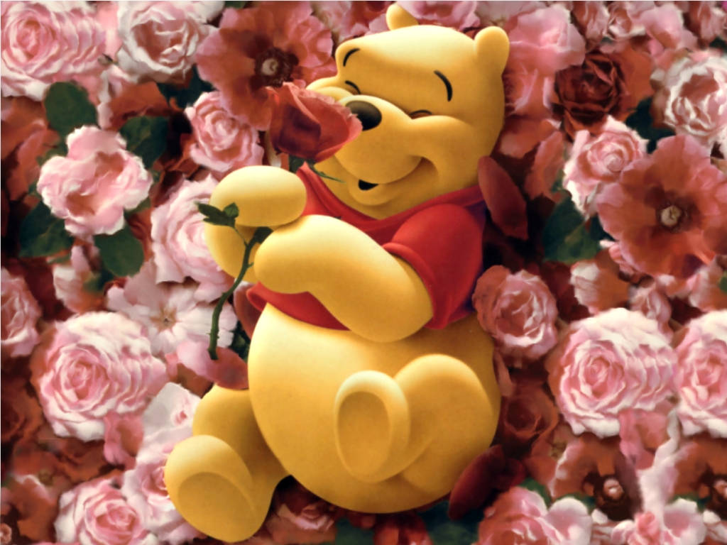 winnie the pooh 桌布 壁紙 — 小熊維尼滿足地微笑，手持玫瑰，被一片粉紅和紅色的花海包圍。