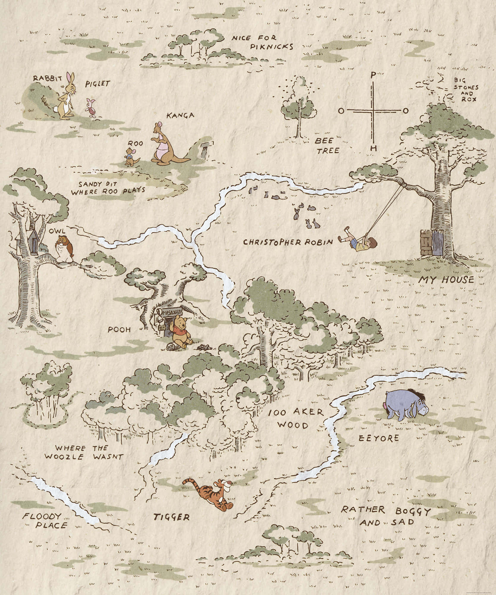 winnie the pooh 桌布 壁紙 — 小熊維尼的百畝森林手繪插圖地圖，標有地標和角色。