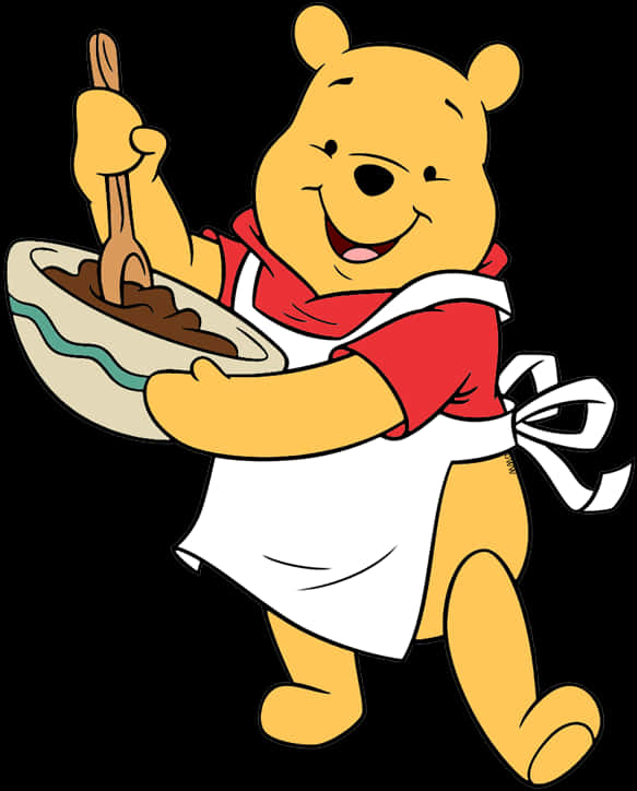Winnie Pooh 桌布 壁紙 — 小熊維尼穿著白色圍裙，在黑色背景前用木勺愉快地攪拌一碗蜂蜜。