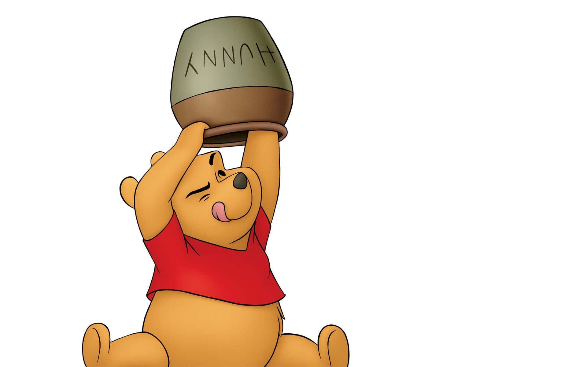 Winnie The Pooh Laptop 桌布 壁紙 — 小熊維尼穿著紅色襯衫，在純白色背景前，快樂地用力將一個大蜂蜜罐平衡在頭上。