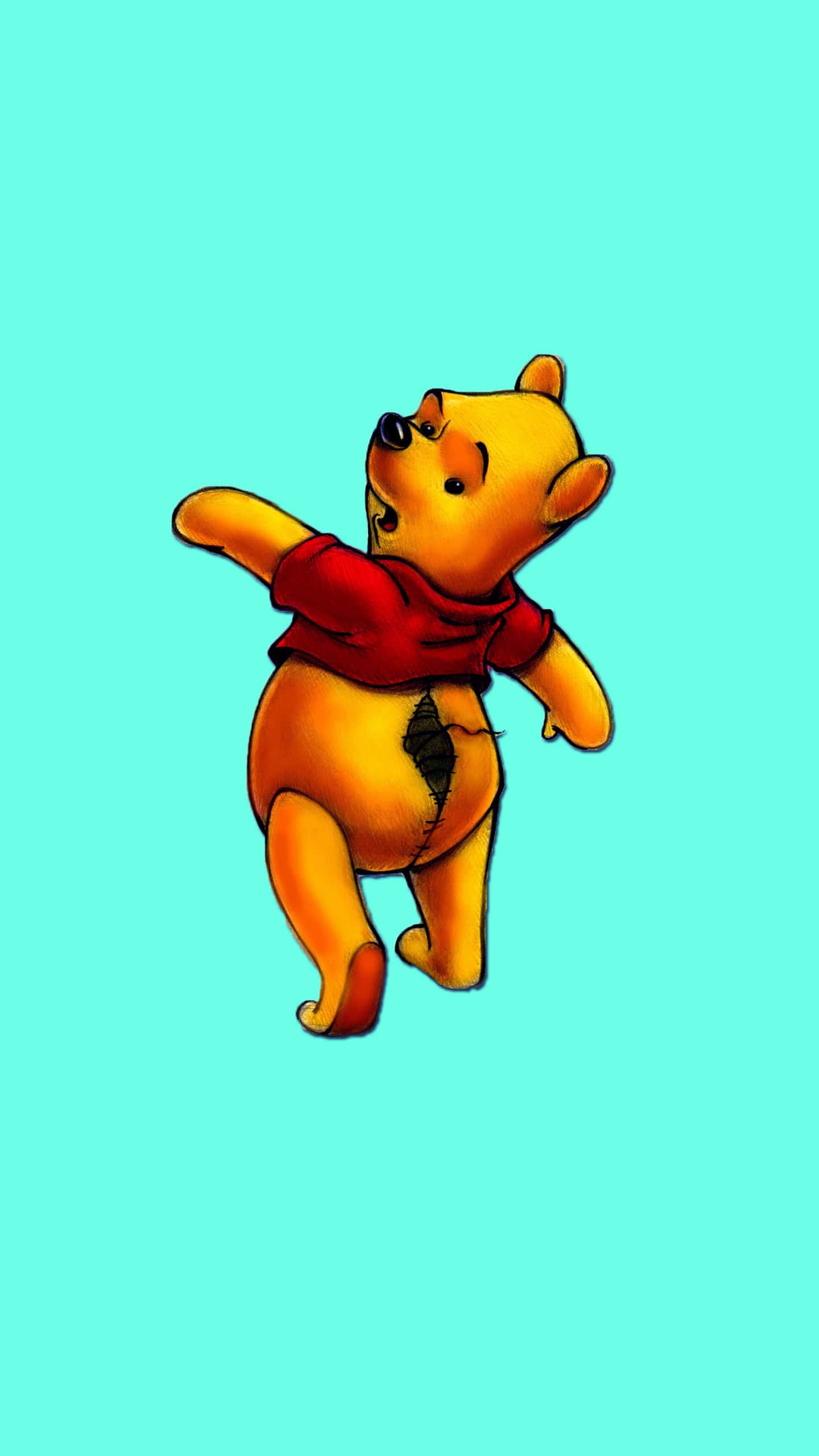 Winnie The Pooh Aesthetic 桌布 壁紙 — 小熊維尼穿著紅色襯衫，在純藍綠色背景前快樂地跳舞。