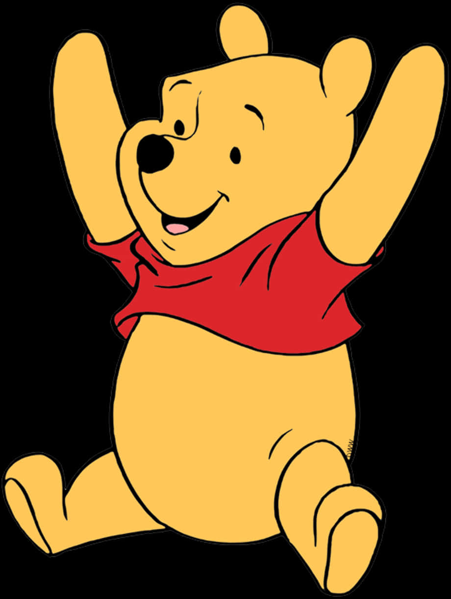 winnie the pooh 桌布 壁紙 — 小熊維尼穿著紅色襯衫，在黑色背景前高興地舉起雙臂跳躍。