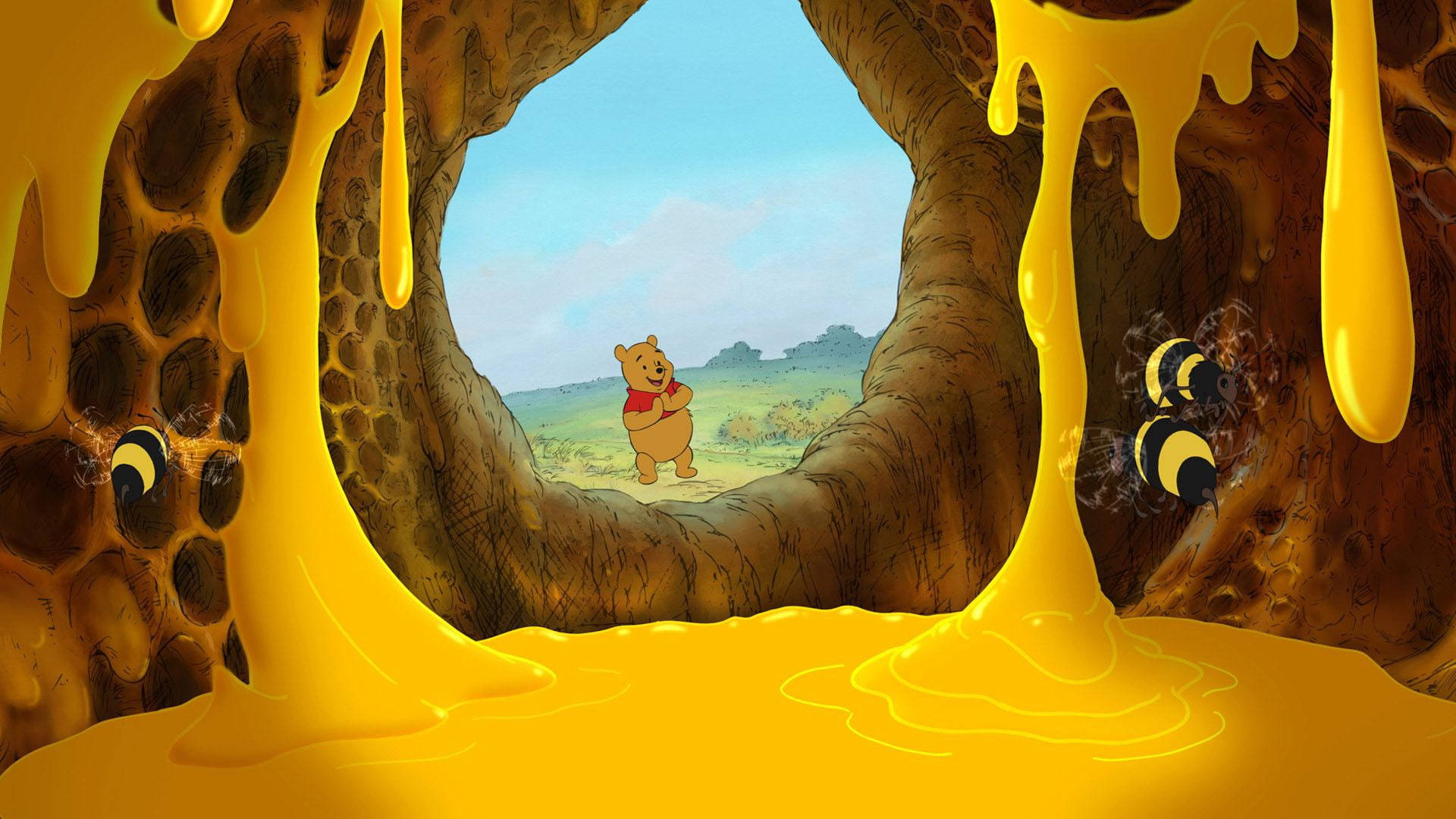 小熊維尼在蜂蜜洞穴內，蜜蜂在周圍飛舞。 — Winnie the pooh GIF 壁紙
