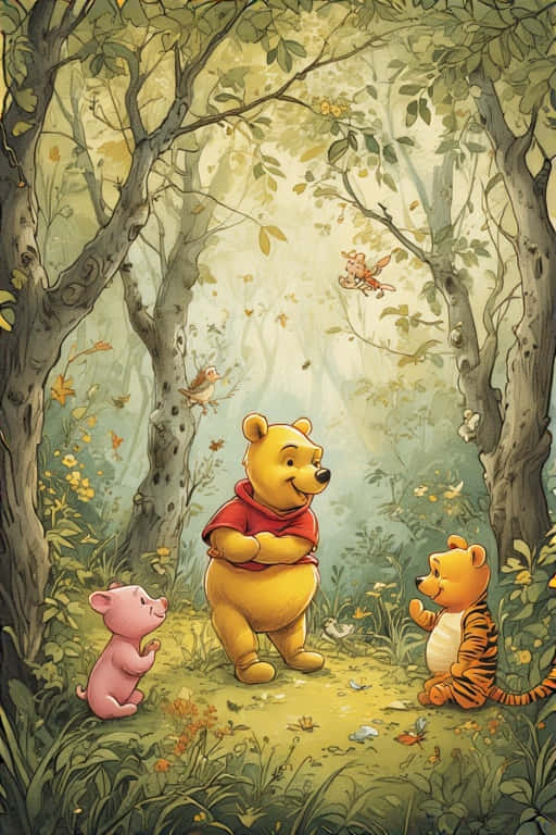 Winnie the Pooh 壁紙 — 小熊維尼站在陽光明媚的森林空地上，與小豬和跳跳虎一起，周圍有樹木、鳥兒和落葉。