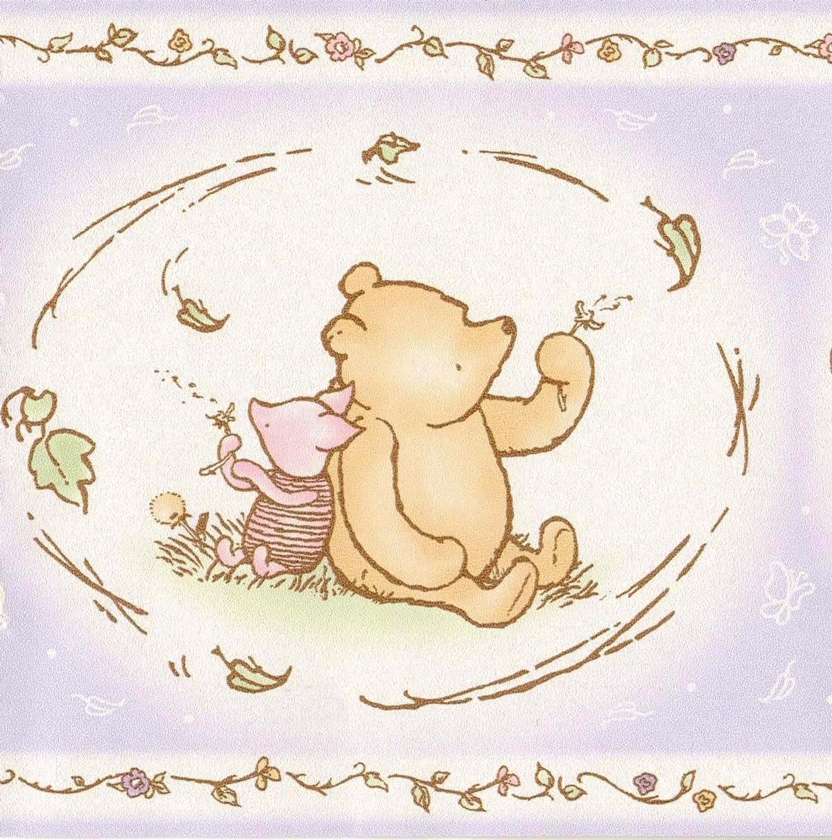 winnie the pooh 桌布 壁紙 — 小熊維尼與小豬並肩坐在微風中，周圍有旋轉的樹葉和柔和粉彩色的花卉邊框。