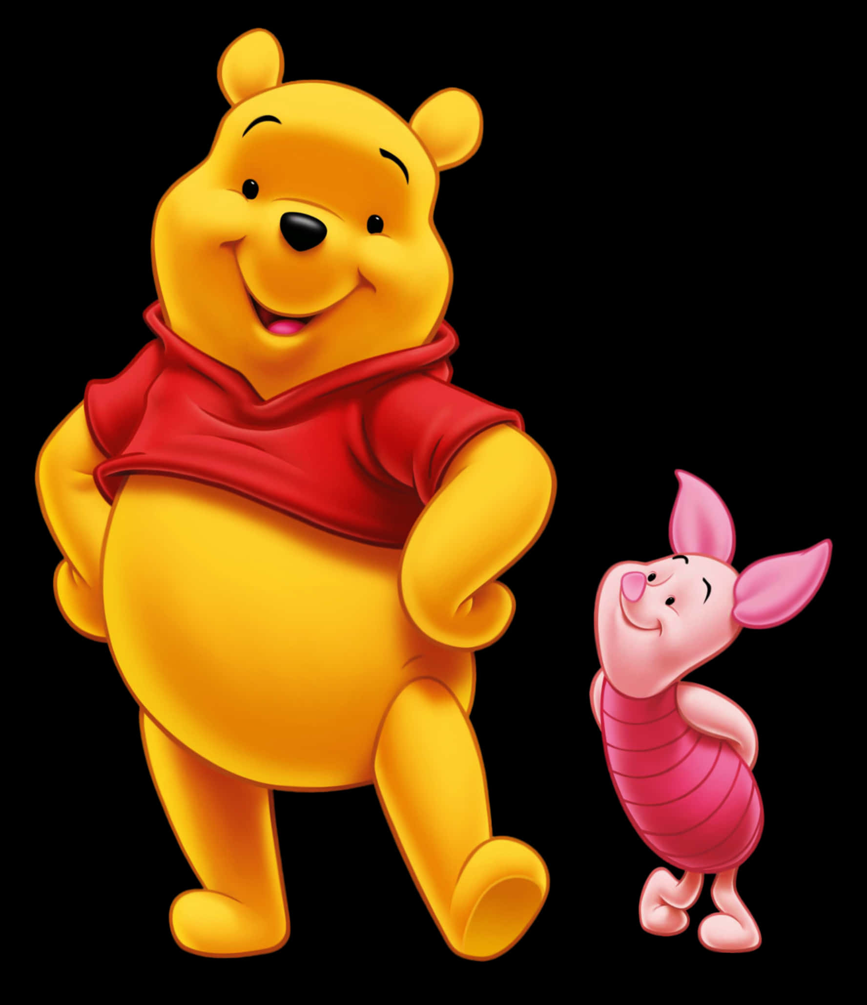 winnie the pooh 桌布 壁紙 — 小熊維尼與小豬並肩站立，在黑色背景前微笑，採用經典迪士尼動畫風格。