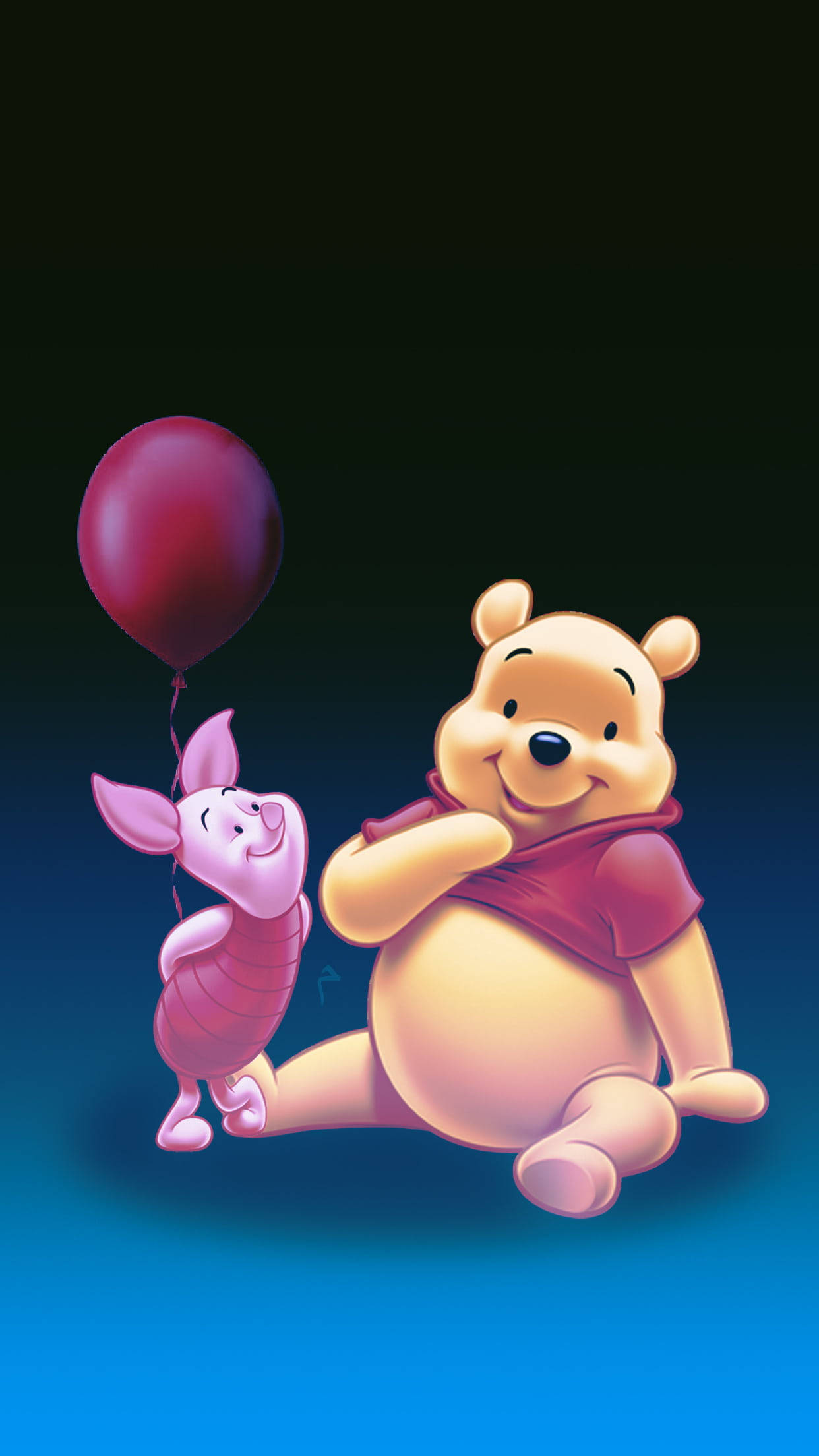 Balloon 桌布 壁紙 — 小熊維尼與小豬並肩而坐，手持紅色氣球，背景為藍黑漸變色。