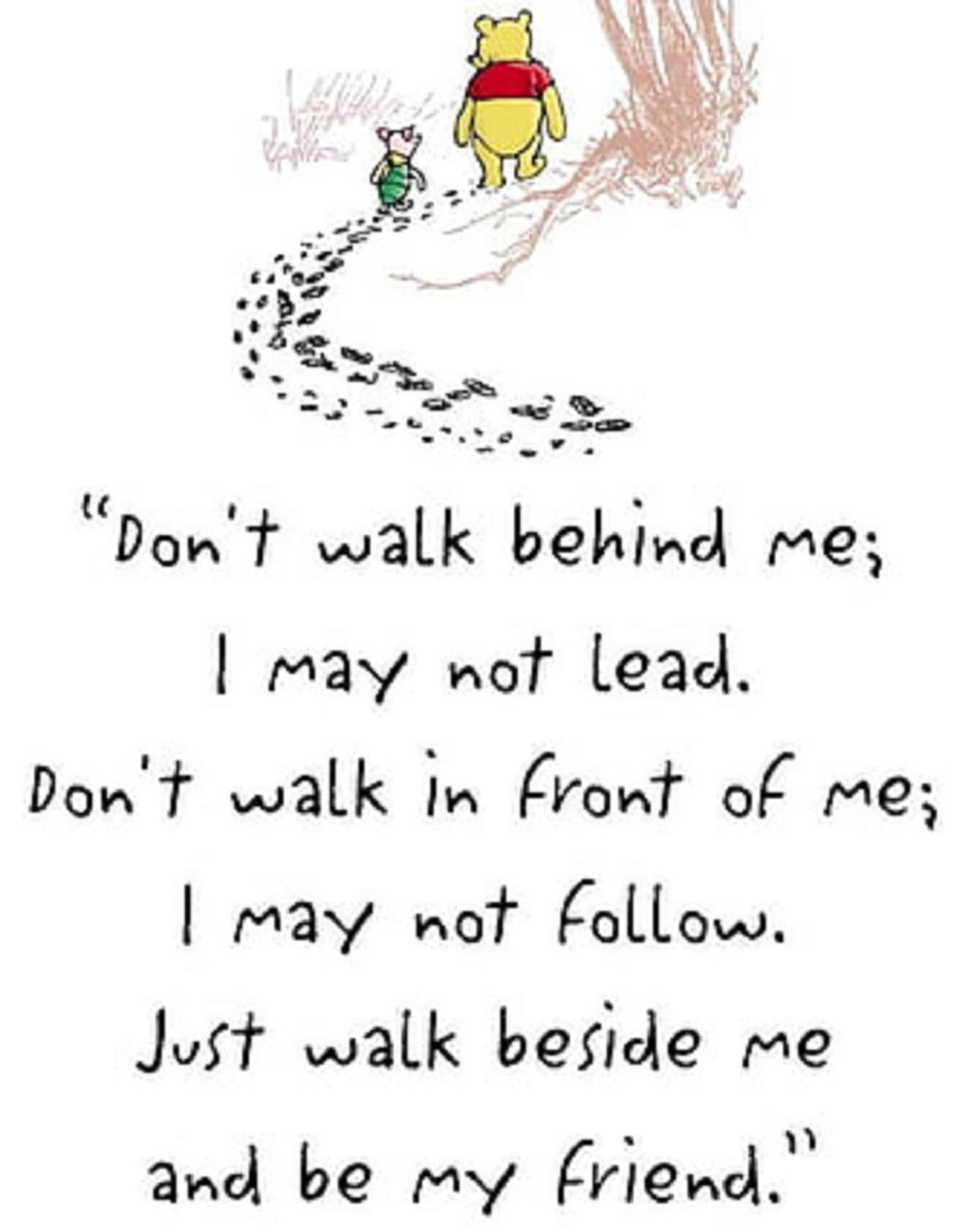 Winnie The Pooh Quotes 桌布 壁紙 — 小熊維尼與小豬並肩走在蜿蜒的小路上，身後留下腳印。