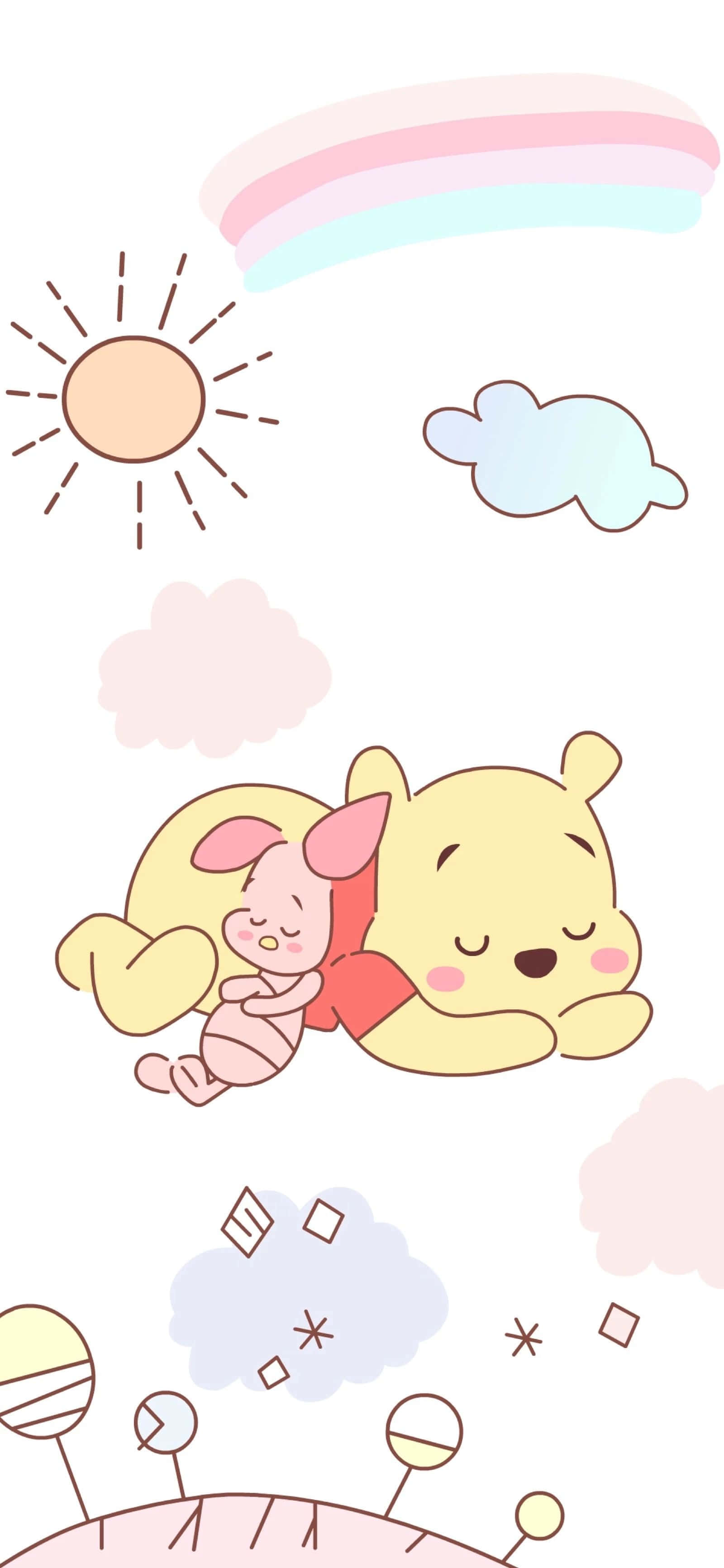 winnie the pooh 桌布 壁紙 — 小熊維尼與小豬在柔和彩虹和太陽下，伴著軟綿綿的雲朵，平靜地依偎在一起。