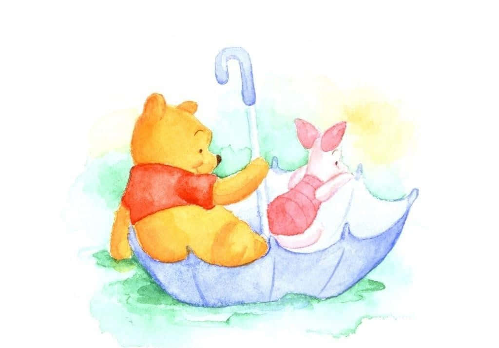 Piglet 桌布 壁紙 — 小熊維尼與小豬在柔和的水彩畫中，於溫柔的綠色水面上共享一把藍色傘船。
