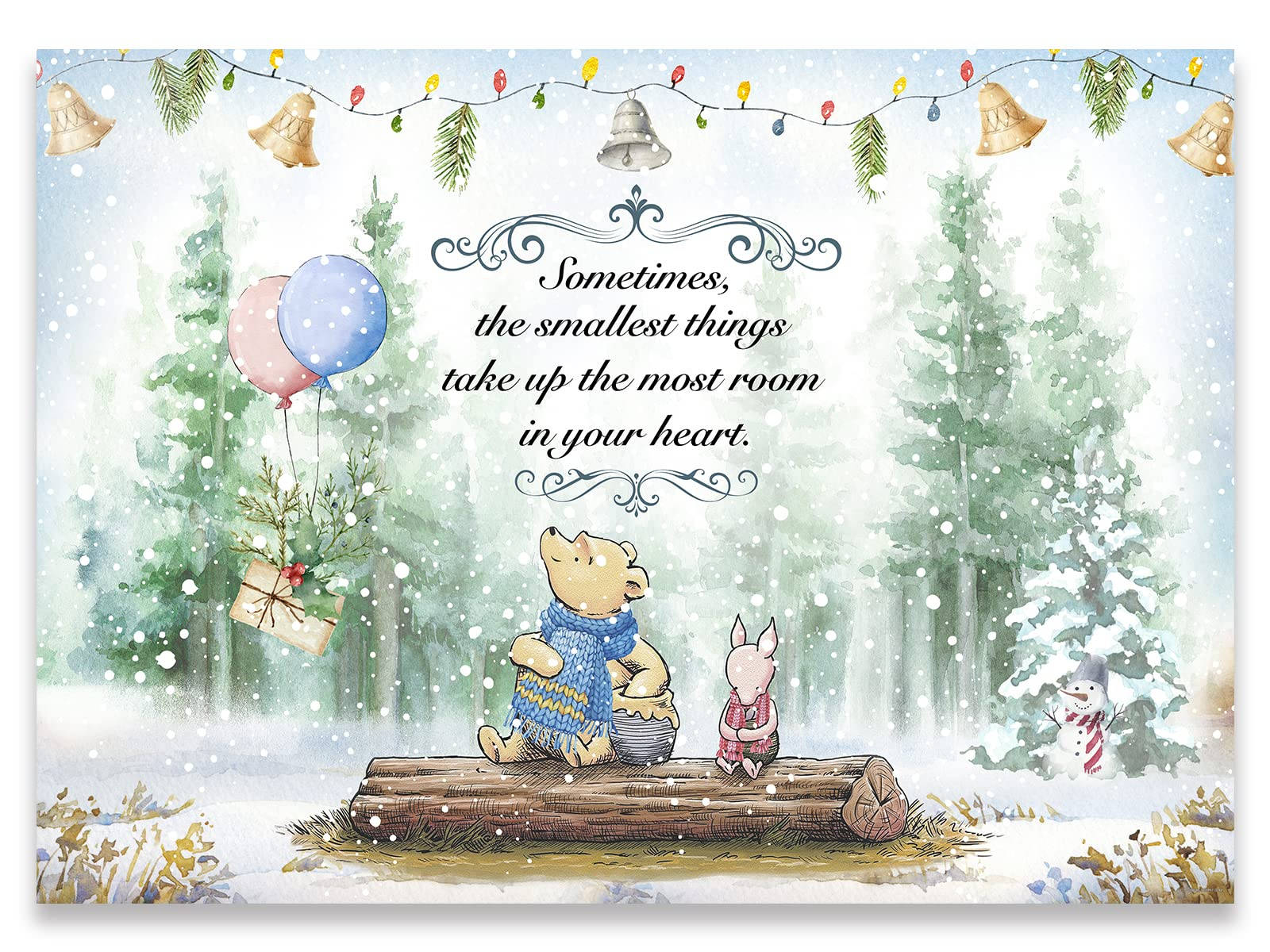 Winnie The Pooh Christmas 桌布 壁紙 — 小熊維尼與小豬坐在雪地森林中的木頭上，節日燈飾和氣球在他們上方飄浮。