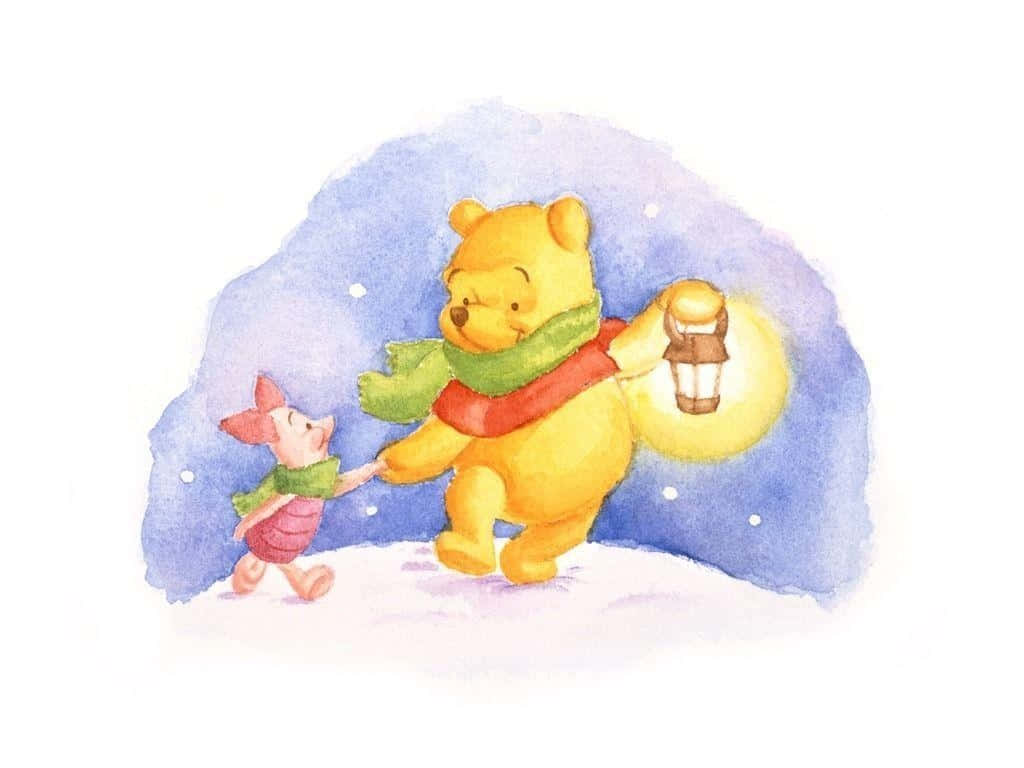 Winnie The Pooh Classic 桌布 壁紙 — 小熊維尼與小豬手牽手，在雪夜中提著發光的燈籠漫步。