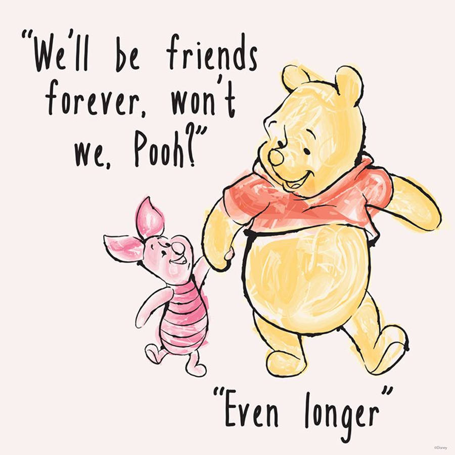 Winnie The Pooh Quotes 桌布 壁紙 — 小熊維尼與小豬手牽手，帶著愉快表情，背景是柔和米色，並有手寫對話。