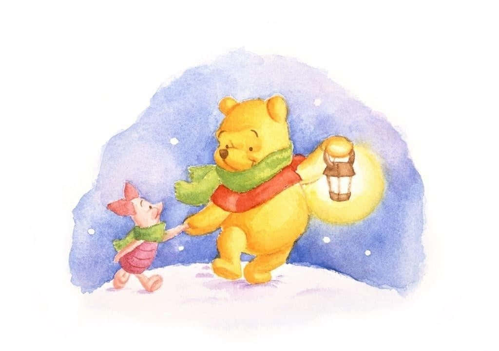 Piglet 桌布 壁紙 — 小熊維尼與小豬手牽手在雪夜中行走，在星空下提著發光的燈籠。