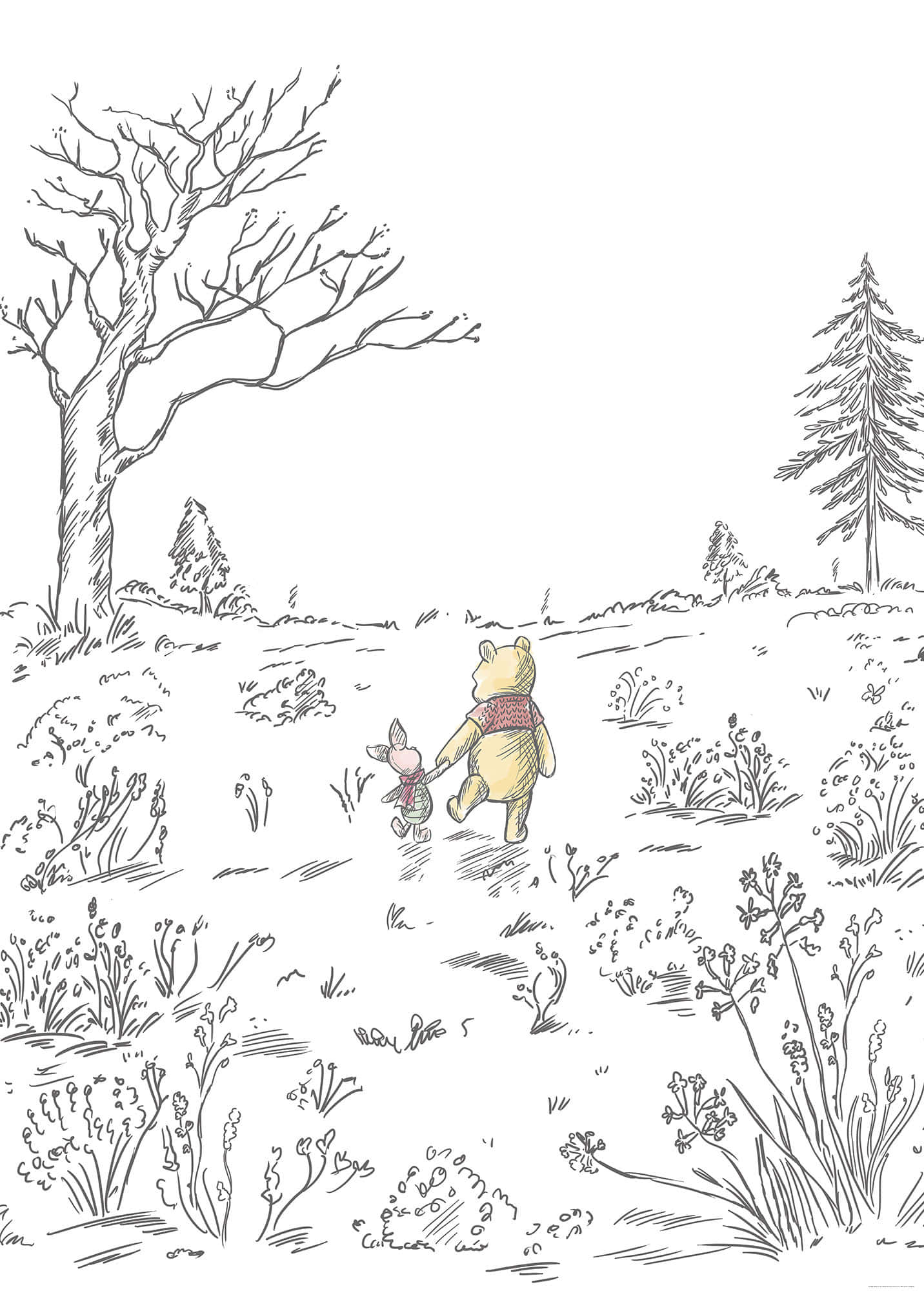 winnie the pooh 桌布 壁紙 — 小熊維尼與小豬手牽手走過一個以素描風格繪製、有禿樹和野花的森林空地。