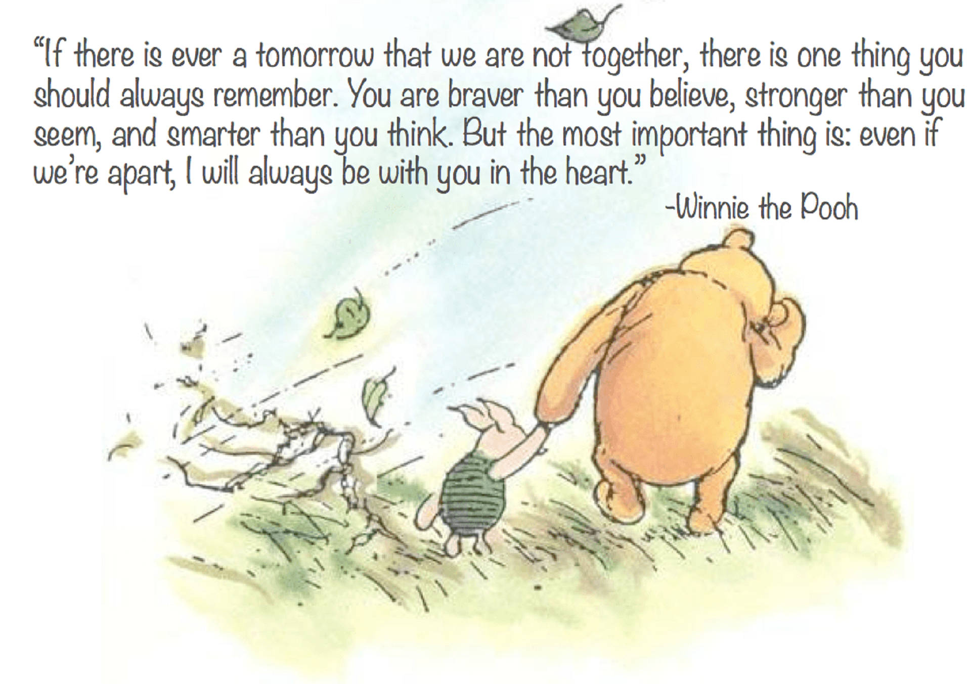 Winnie The Pooh Quotes 桌布 壁紙 — 小熊維尼與小豬手牽手走過草地，天空柔和藍色，落葉飄落，頭頂有鳥飛過。