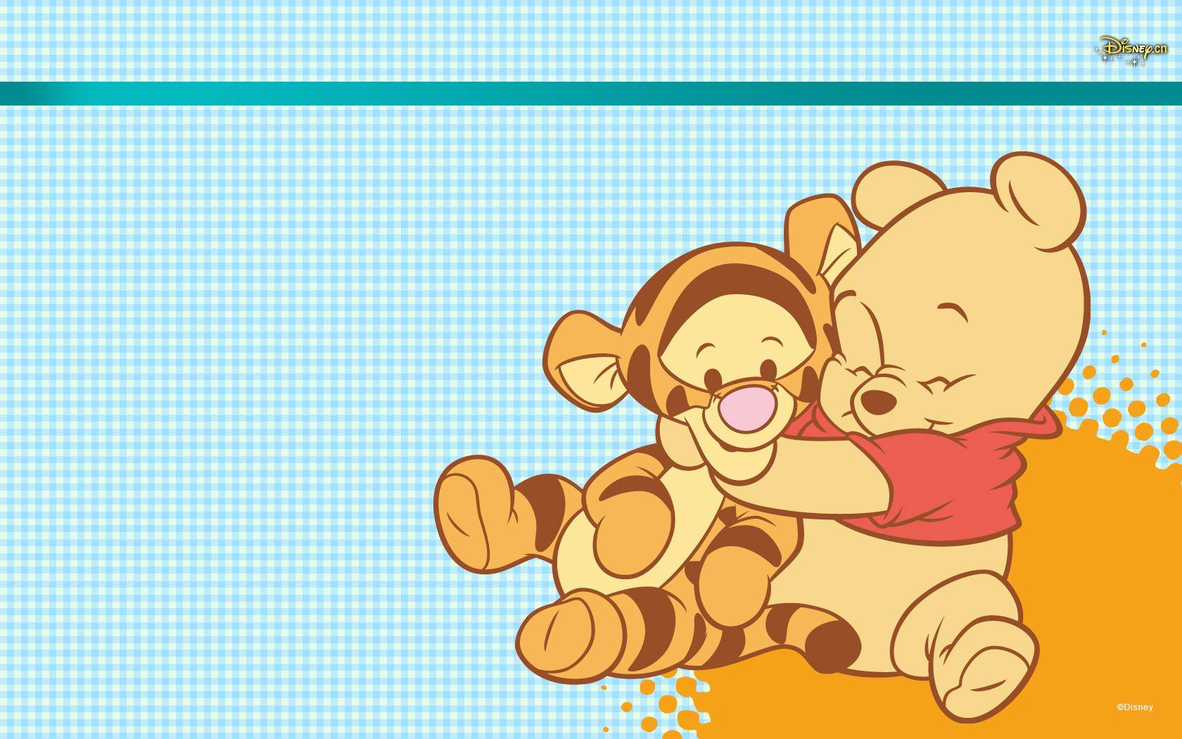 winnie the pooh 桌布 壁紙 — 小熊維尼與跳跳虎在帶有橙色圓點的藍色格子背景上溫暖擁抱。