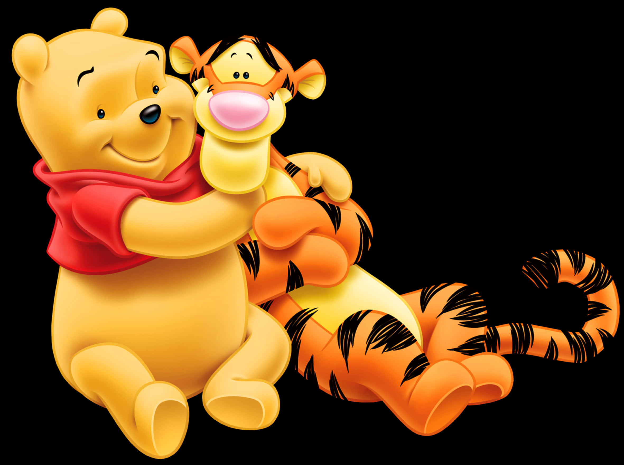 winnie the pooh 桌布 壁紙 — 小熊維尼與跳跳虎在純黑背景前溫暖擁抱，呈現歡樂卡通場景。