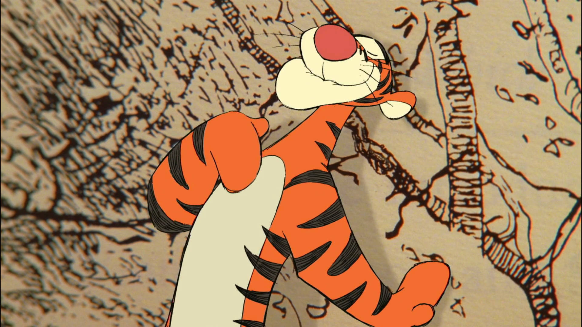 Tigger 桌布 壁紙 — 小熊維尼裡的跳跳虎在帶有草圖樹木輪廓的紋理羊皮紙背景上歡快地跳躍。